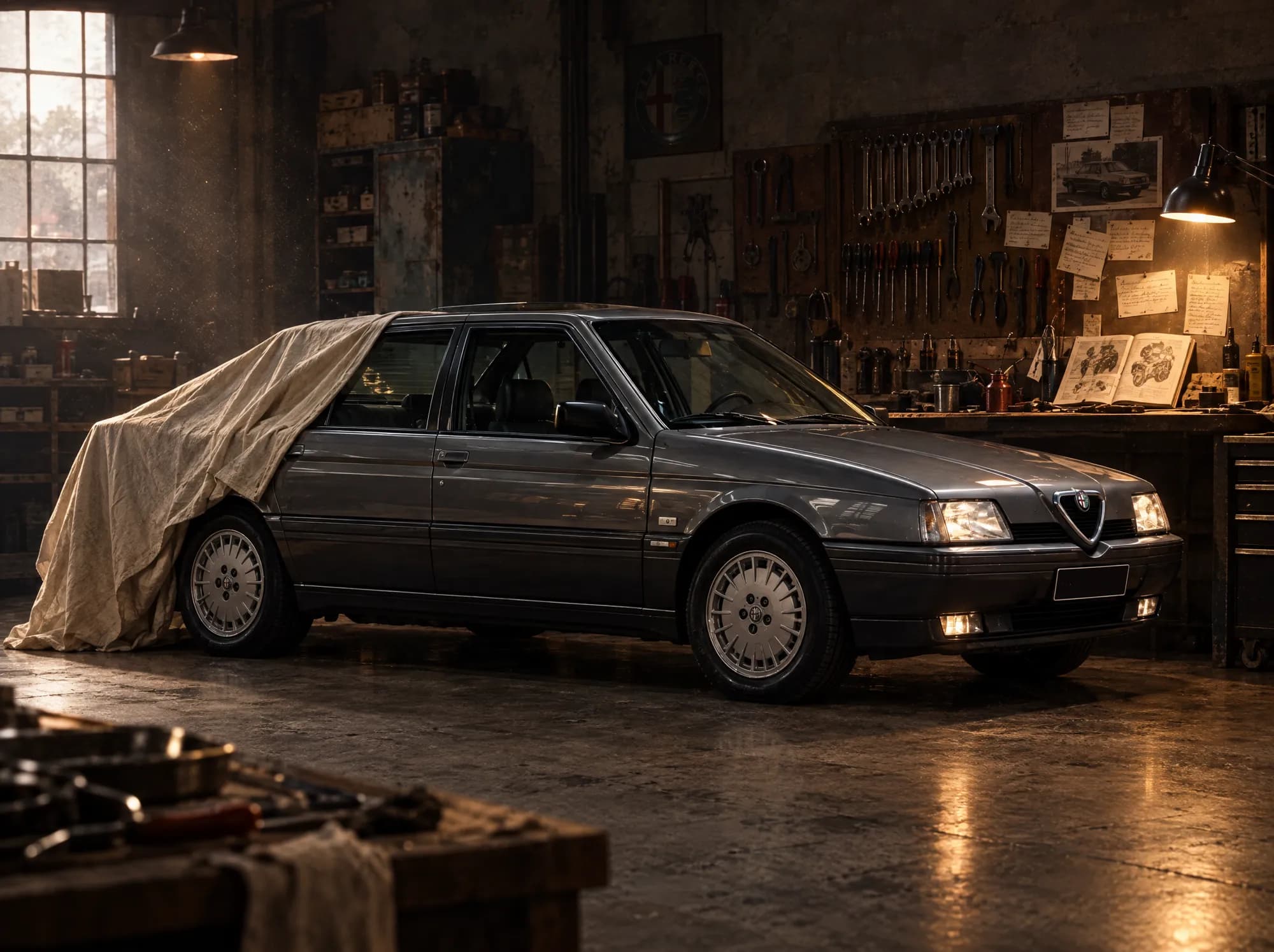 O Alfa Romeo 164 numa oficina escura, com o lençol de linho ainda sobre a traseira